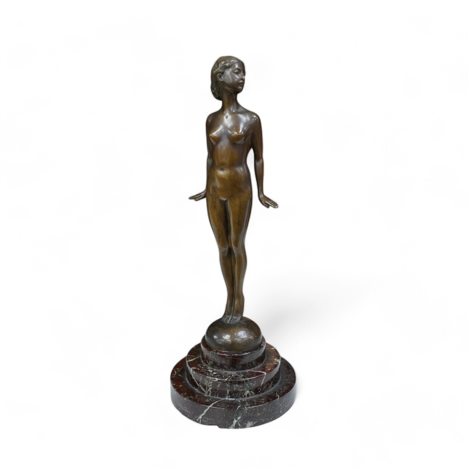 Lissy Eckart (German, 1891-1974), bronze, standing female nude, on marble base, 35cm. Condition - fair to good, chips to marble